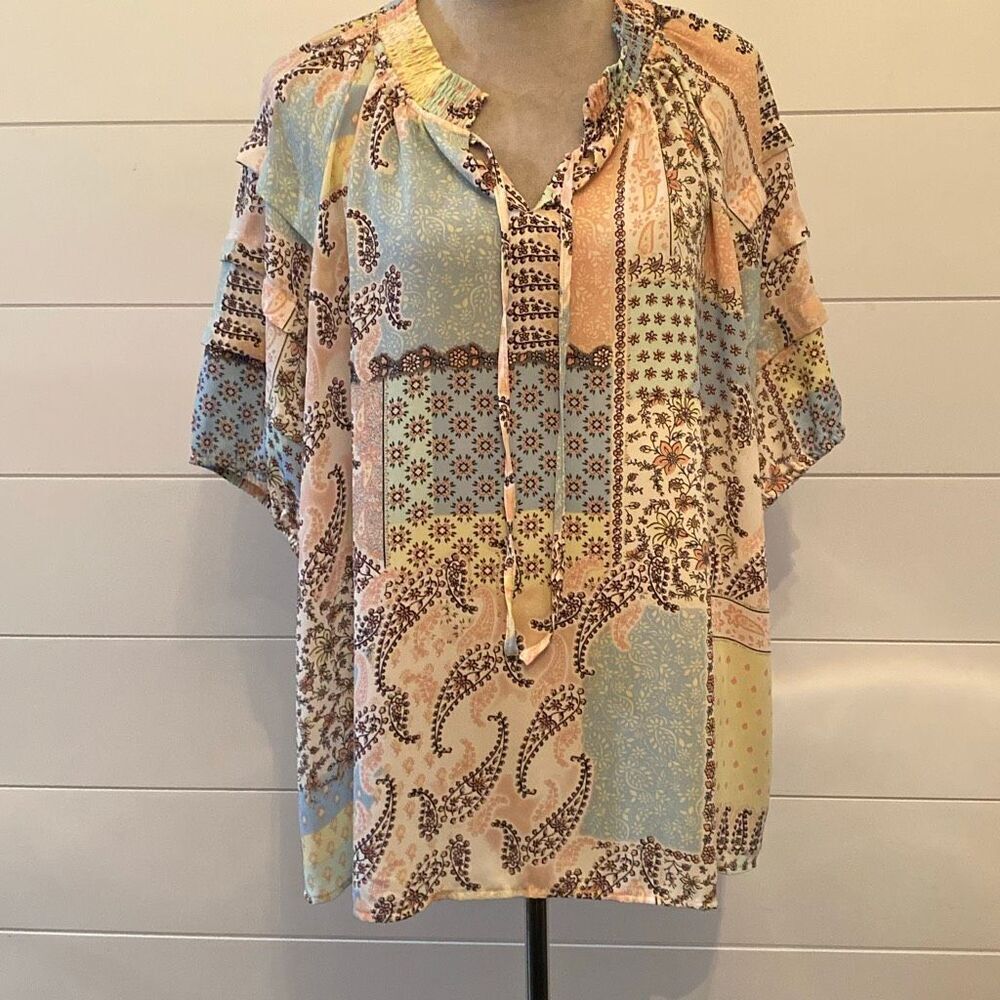 Cynthia Rowley Pastel Patchwork Peasant Blouse - Multi Pastel Sz 3X
